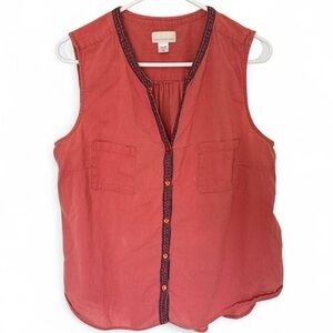 Canyon River Blues 100% cotton light red coral button up vest tank w/ navy trim